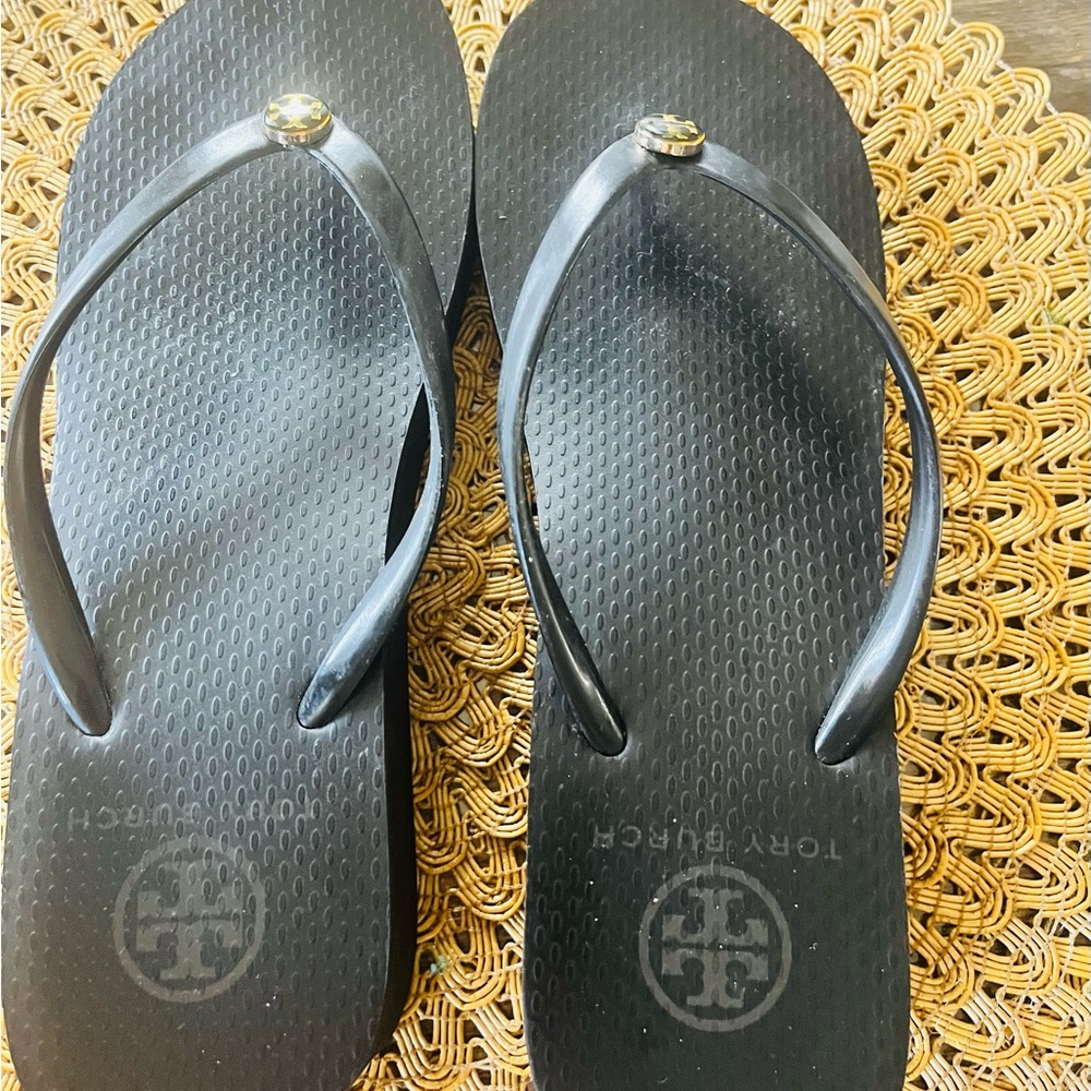 Tory Burch Black Flip Flop Sandals with Gold Logo Accent